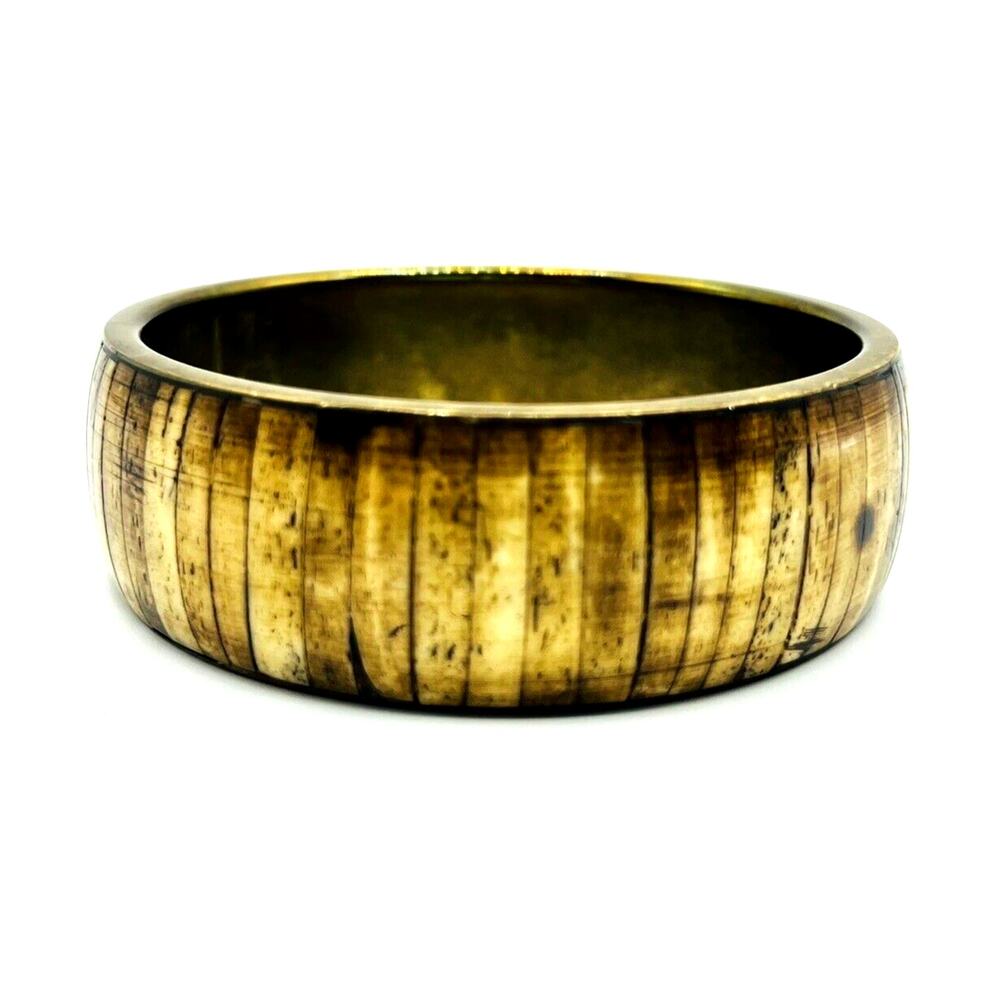 Vintage Inlaid Dyed Bovine Bone Brown Mosaic Brass Bangle Bracelet 8"